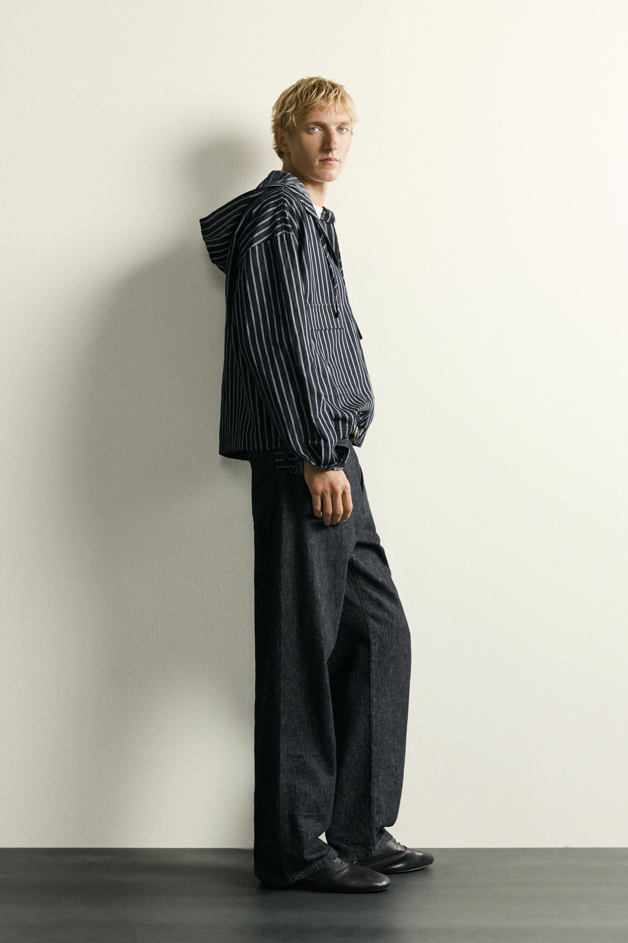STRIPED COTTON-LINEN HOODIE OVERSHIRT